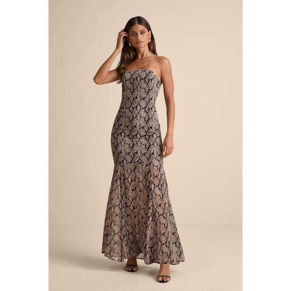 Lulus Cherette Brown Snake Print Strapless Maxi Dress - Size XS